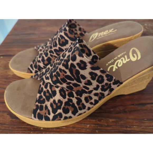 Onex Christina Cork Wedge Sandal Leopard Print Women’s 41 US 8.5 Made In Italy - Picture 2 of 7